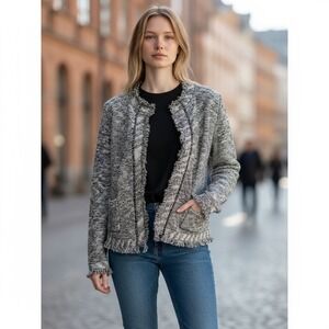 Prestwick Moore Petite Knit Fringe Cardigan Sweater Gray White Marled Open Front